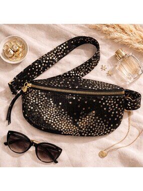 HOBO Fern Belt Bag Black Metallic Gold Shooting Stars Leather Convertible Boho